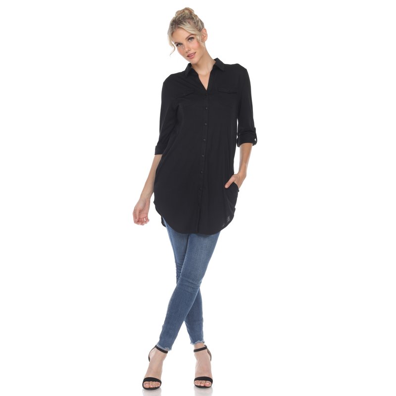 White Mark Stretchy Button-down Tunic In Black
