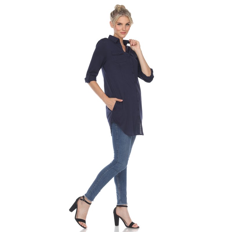 Shop White Mark Stretchy Button-down Tunic In Blue