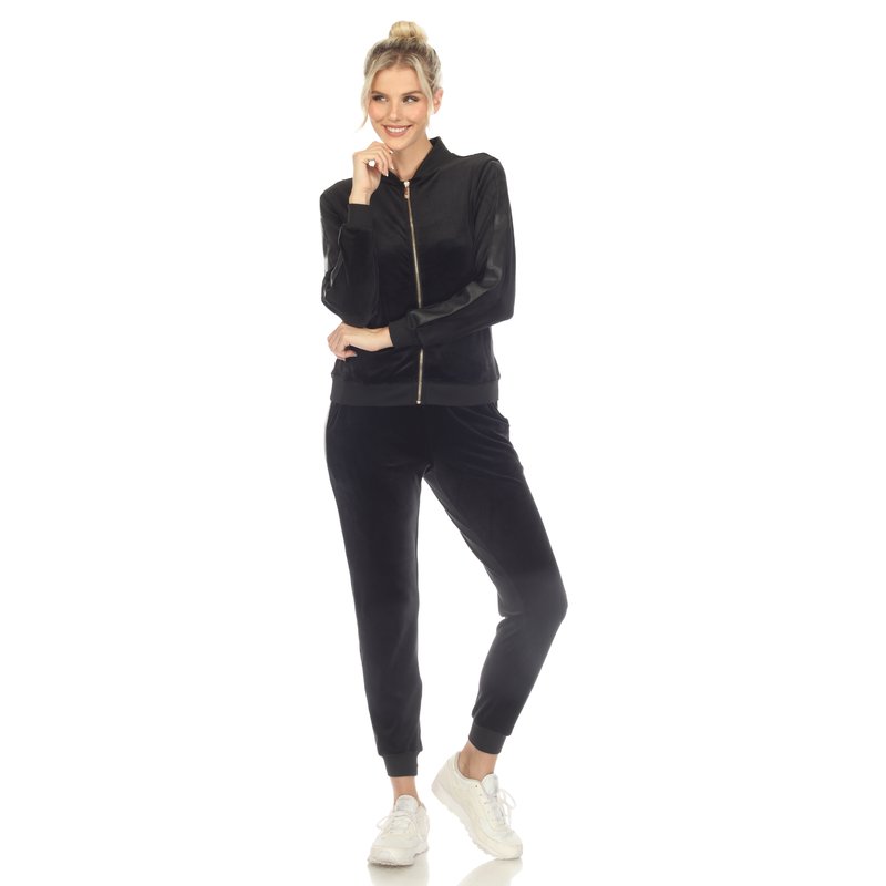 White Mark Women's 2-piece Velour With Faux Leather Stripe Tracksuit In Black