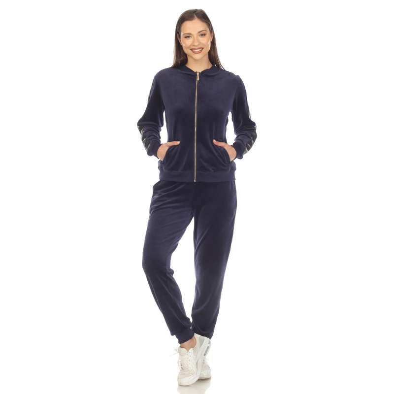 White Mark Women's 2-piece Velour With Faux Leather Stripe Tracksuit In Blue