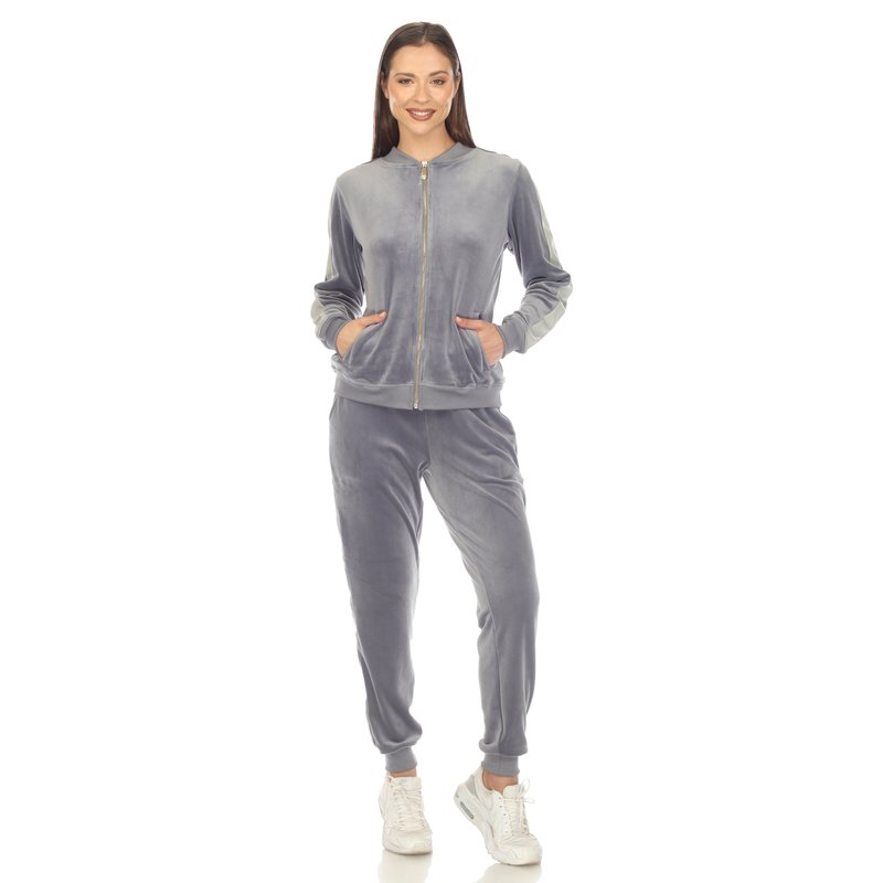 White Mark Women's 2-piece Velour With Faux Leather Stripe Tracksuit In Grey
