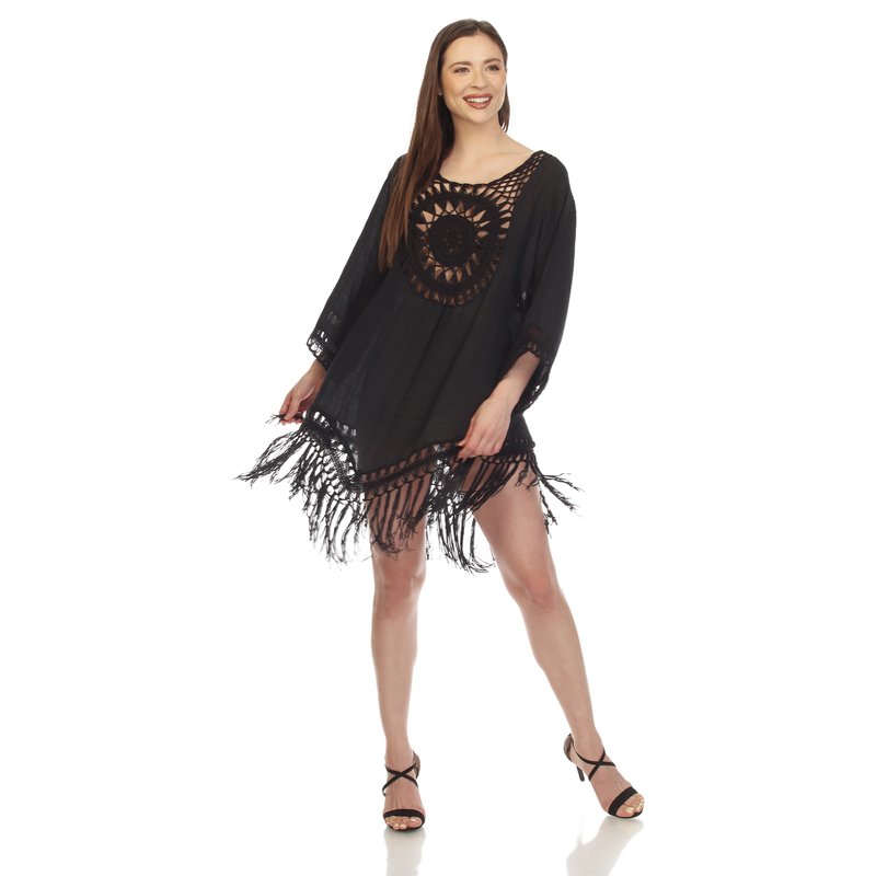 Shop White Mark Women's Crocheted Fringed Trim Dress Cover Up In Black