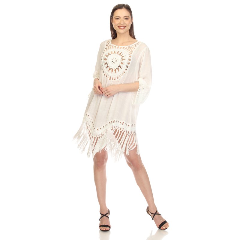White Mark Women's Crocheted Fringed Trim Dress Cover Up In White