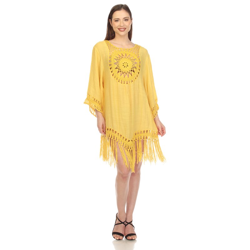 White Mark Women's Crocheted Fringed Trim Dress Cover Up In Yellow