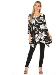 Women's Floral Scoop Neck Tunic Top With Pockets - Black/White