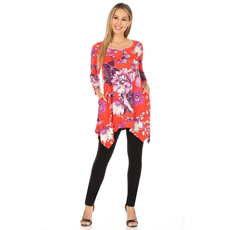 White Mark Women's Floral Scoop Neck Tunic Top With Pockets In Red