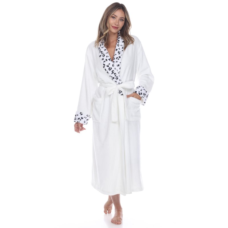 White Mark Women's Leopard Print Cozy Lounge Robe In White