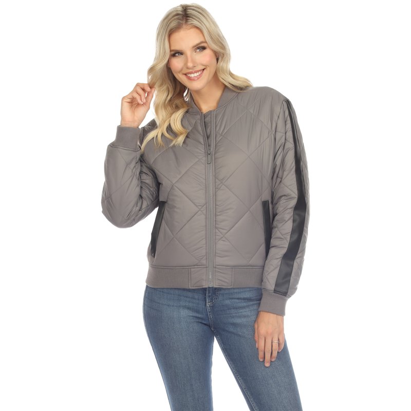 Shop White Mark Women's Lightweight Diamond Quilted Puffer Bomber Jacket In Grey