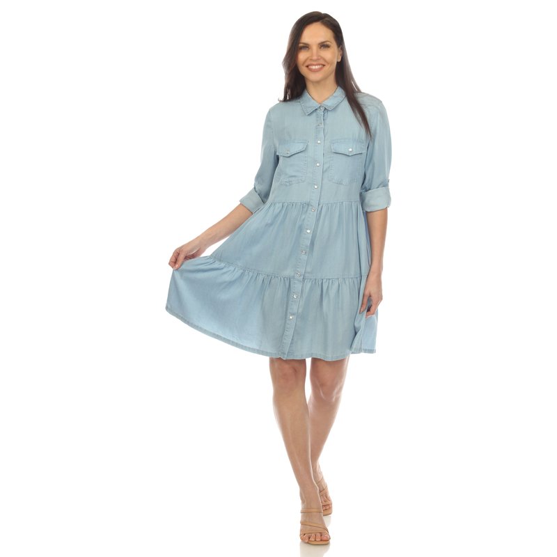 Shop White Mark Women's Long Sleeve Tiered Midi Shirt Dress In Blue
