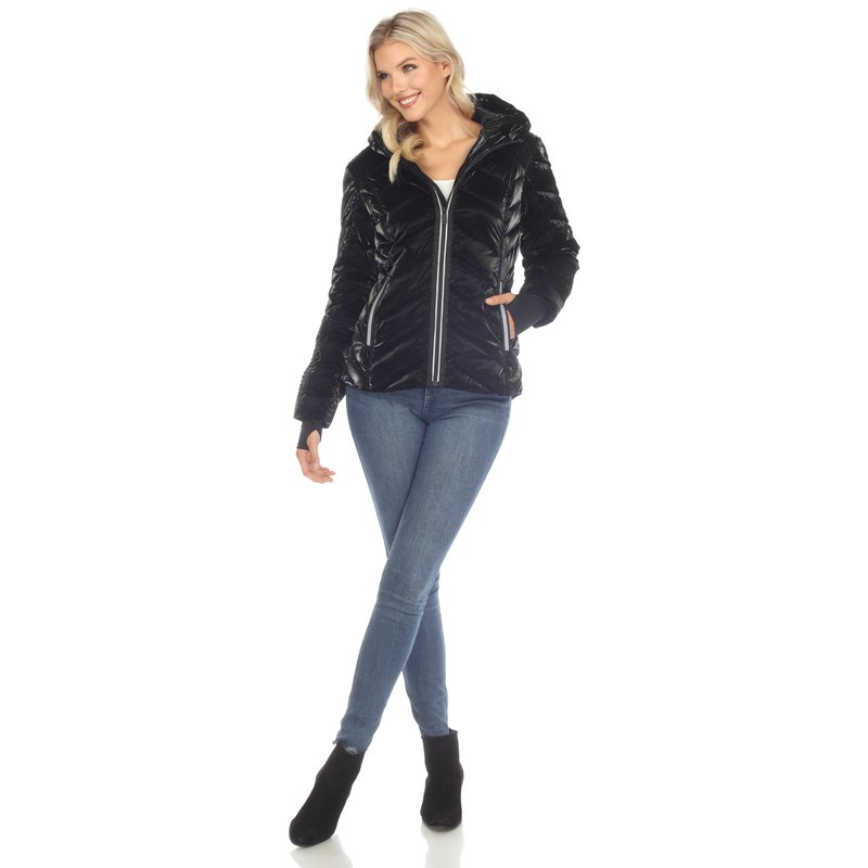 White Mark Women's Midweight Quilted Contrast With Thumbholes Hooded Jacket In Black