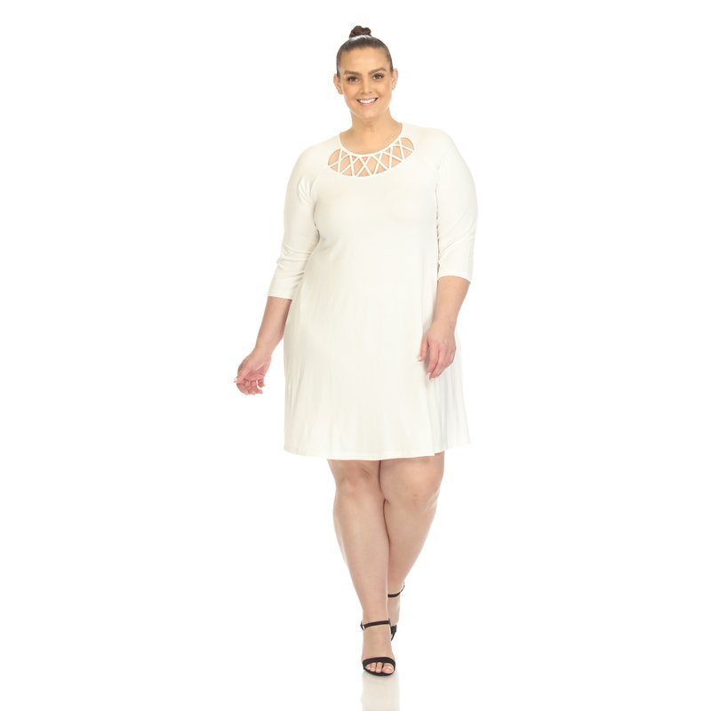 White Mark Women's Plus Size Criss Cross Neckline Swing Midi Dress In White