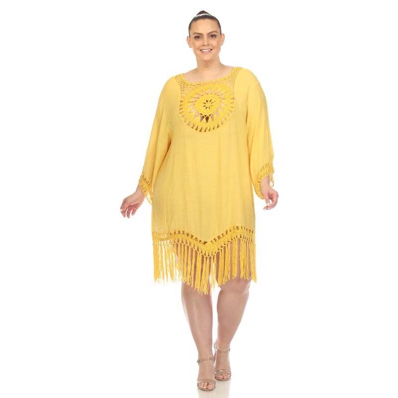 Shop White Mark Women's Plus Size Crocheted Fringed Trim Dress Cover Up In Yellow