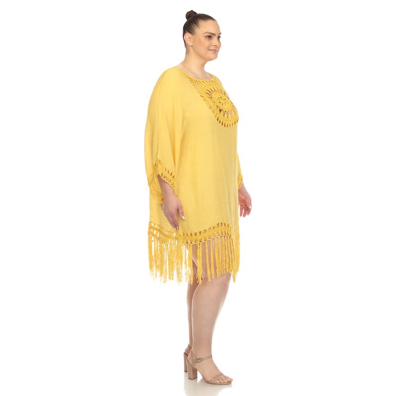 Shop White Mark Women's Plus Size Crocheted Fringed Trim Dress Cover Up In Yellow