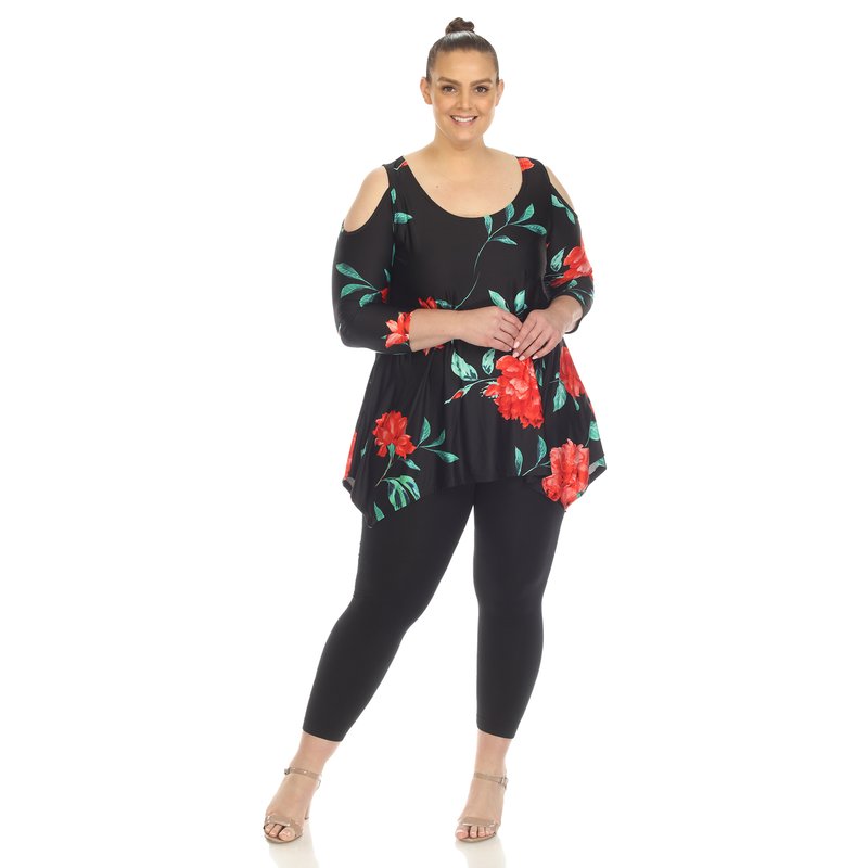 White Mark Women's Plus Size Floral Printed Cold Shoulder Tunic In Black