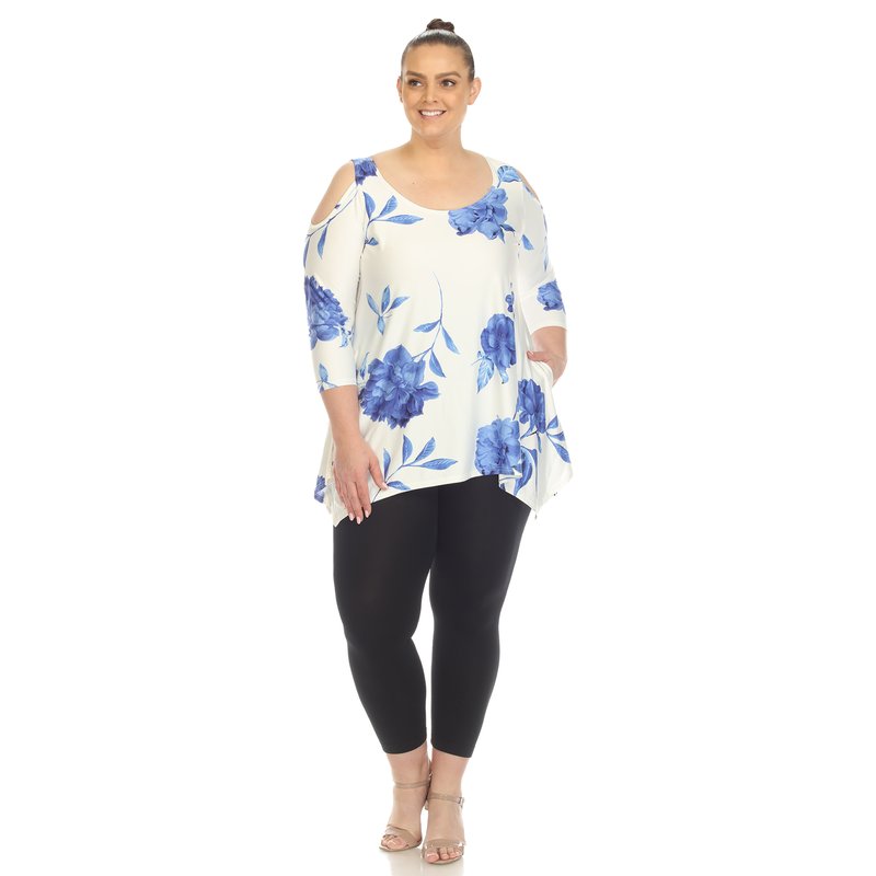 White Mark Plus Size Floral Printed Cold Shoulder Tunic Top In White