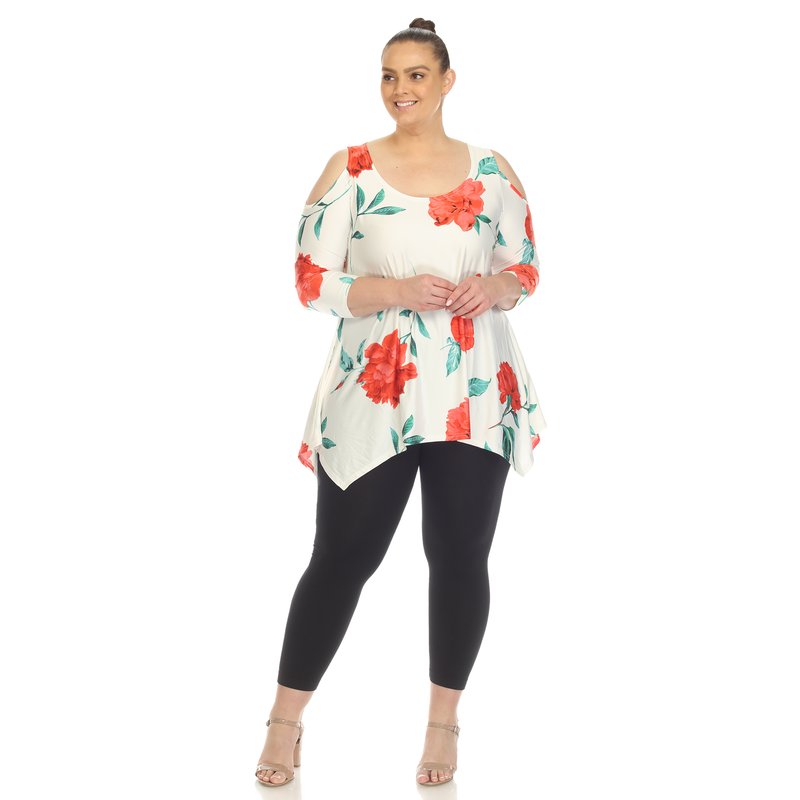 White Mark Plus Size Floral Printed Cold Shoulder Tunic Top In Red