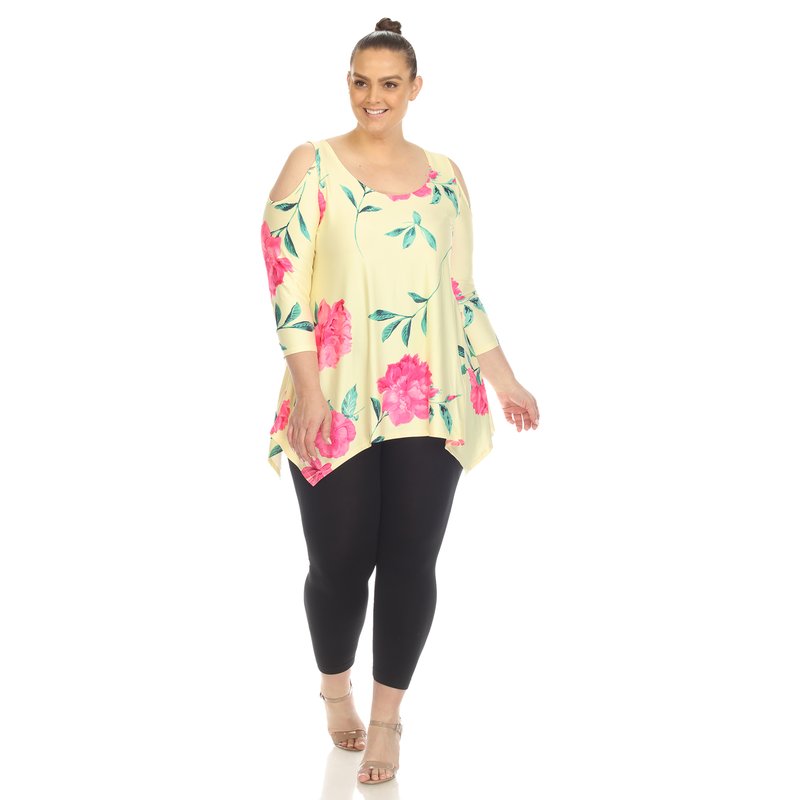 White Mark Plus Size Floral Printed Cold Shoulder Tunic Top In Yellow