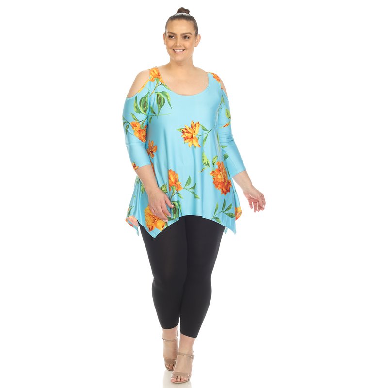 White Mark Women's Plus Size Floral Printed Cold Shoulder Tunic In Blue