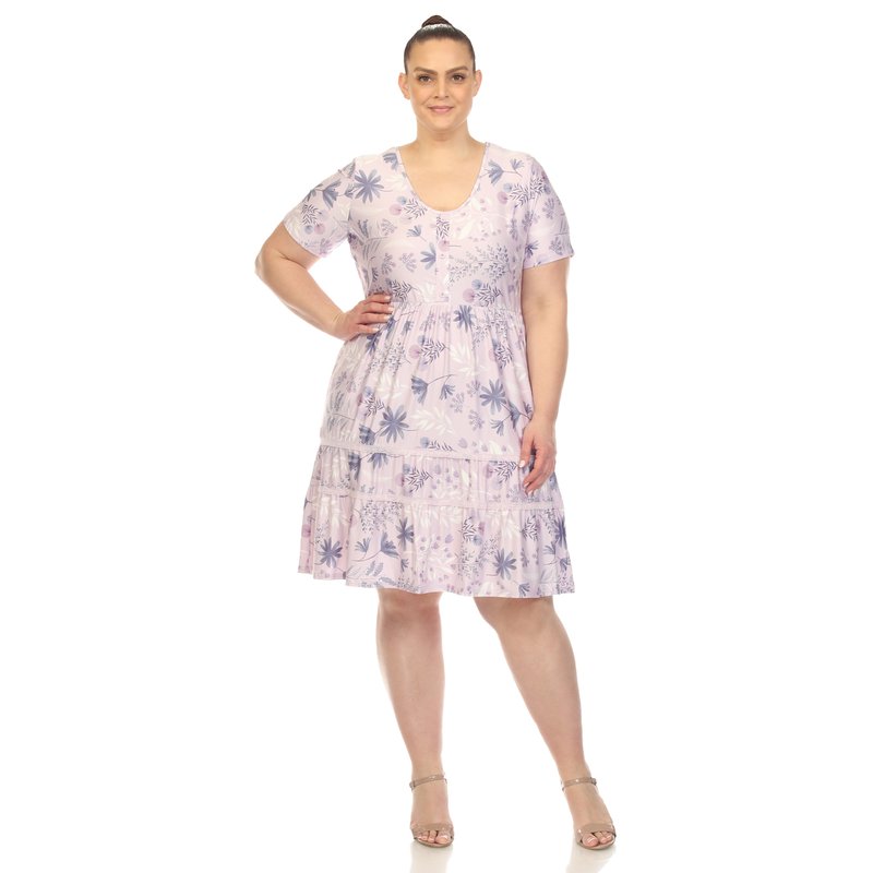 Shop White Mark Women's Plus Size Floral Short Sleeve Knee Length Dress In Purple