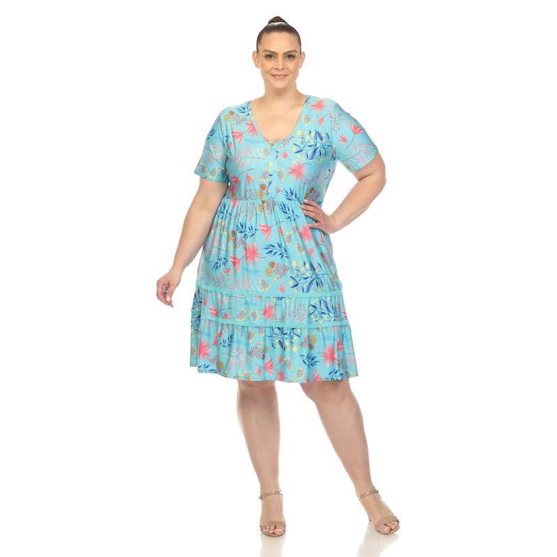 Shop White Mark Women's Plus Size Floral Short Sleeve Knee Length Dress In Blue