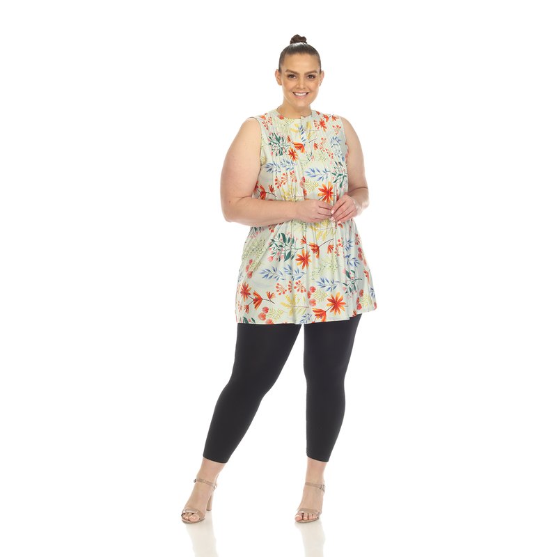 White Mark Women's Plus Size Floral Sleeveless Tunic Top In Green