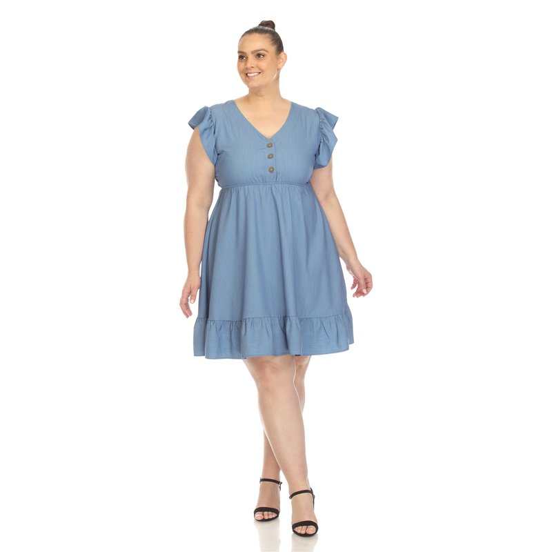 Shop White Mark Women's Plus Size Ruffle Sleeve Ruffle Sleeve Knee-length Dress In Blue