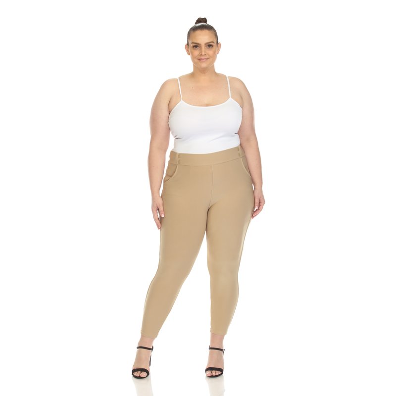 White Mark Women's Plus Size Super Soft Elastic Waistband Scuba Pants In Brown
