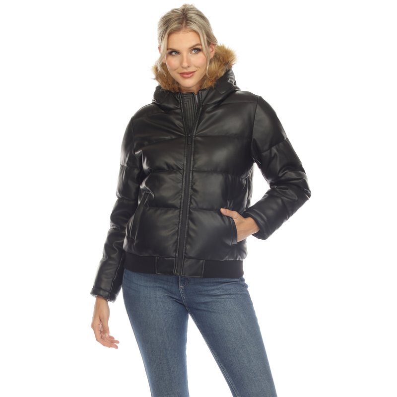 Shop White Mark Women's Removable Fur Hoodie Bomber Leather Jacket In Black