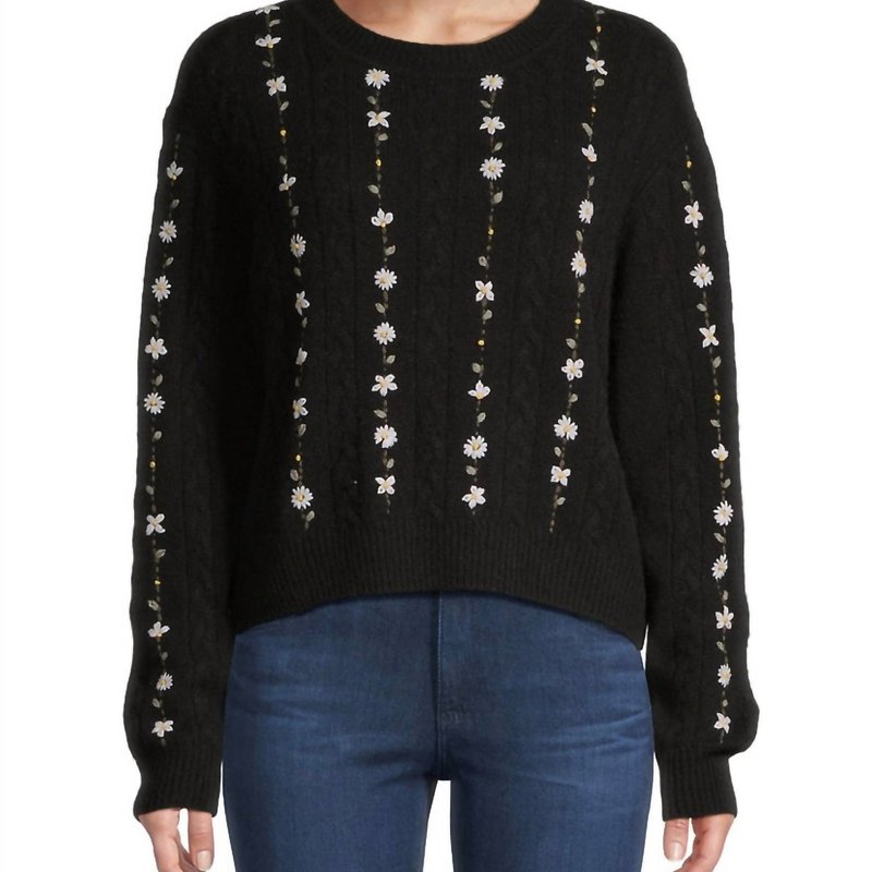 Shop White + Warren Cashmere Floral Embroidered Cable Crewneck Sweater In Black