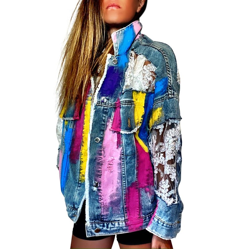 Wren + Glory Rainbows And Lace' Denim Jacket In Blue