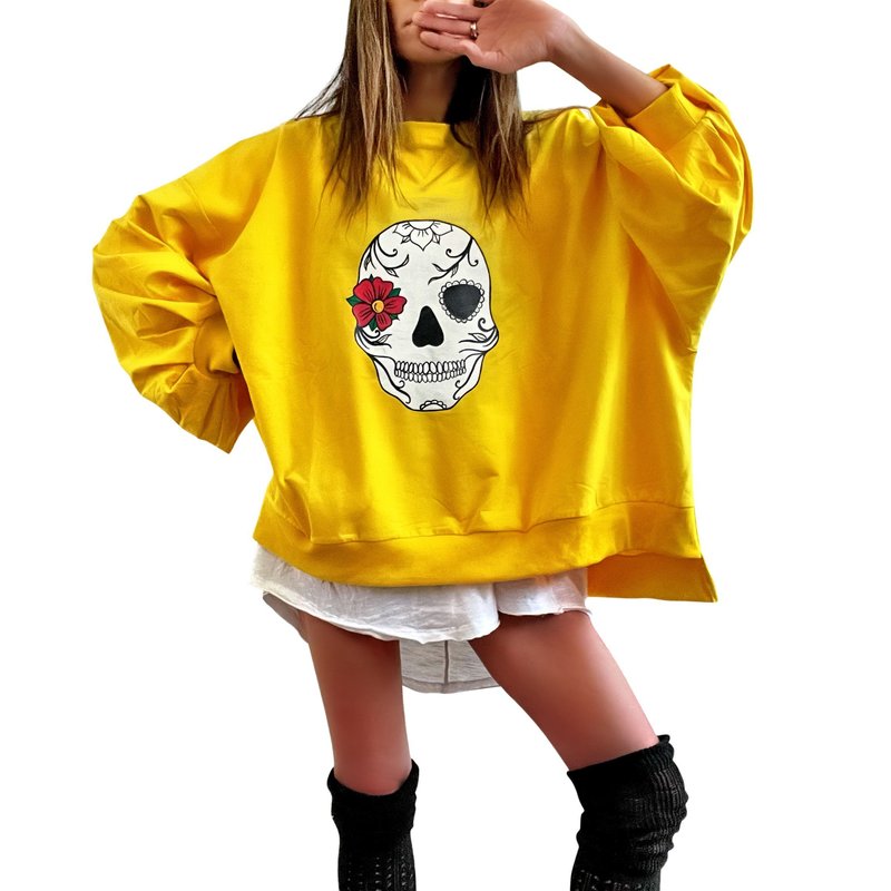 Wren + Glory Sugar Skull Painted Sweatshirt In Yellow