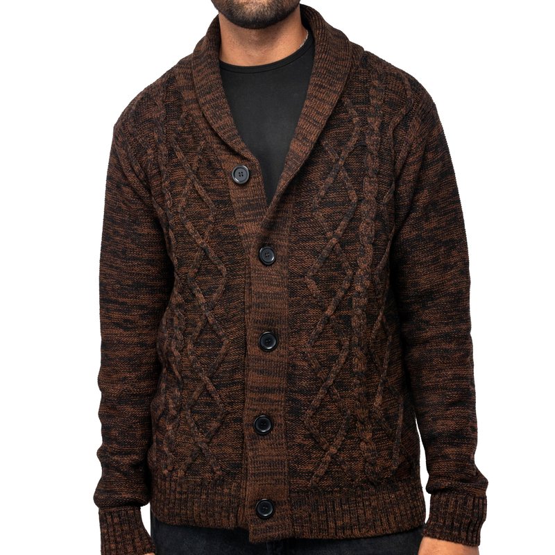 X-ray Men's V-neck & Shawl Collar Cable Knit Button Down Cardigan Sweater In Brown