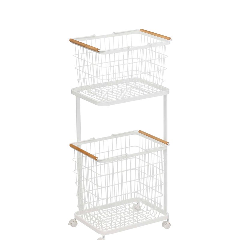 Yamazaki Home Rolling Laundry Cart Plus Wire Baskets In White