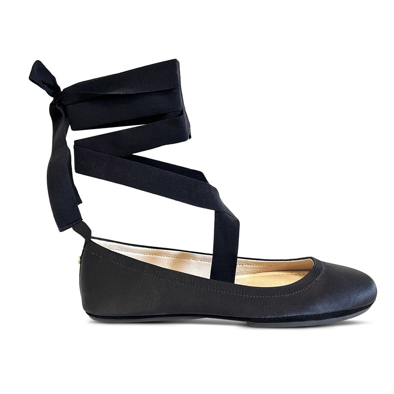Shop Yosi Samra Simone Ankle Wrap Flats In Black Satin