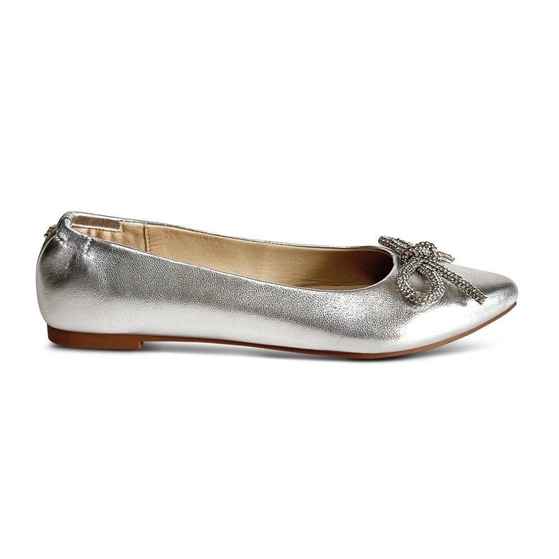 Shop Yosi Samra Vivienne Crystal Bow Flats In Silver Leather In Grey