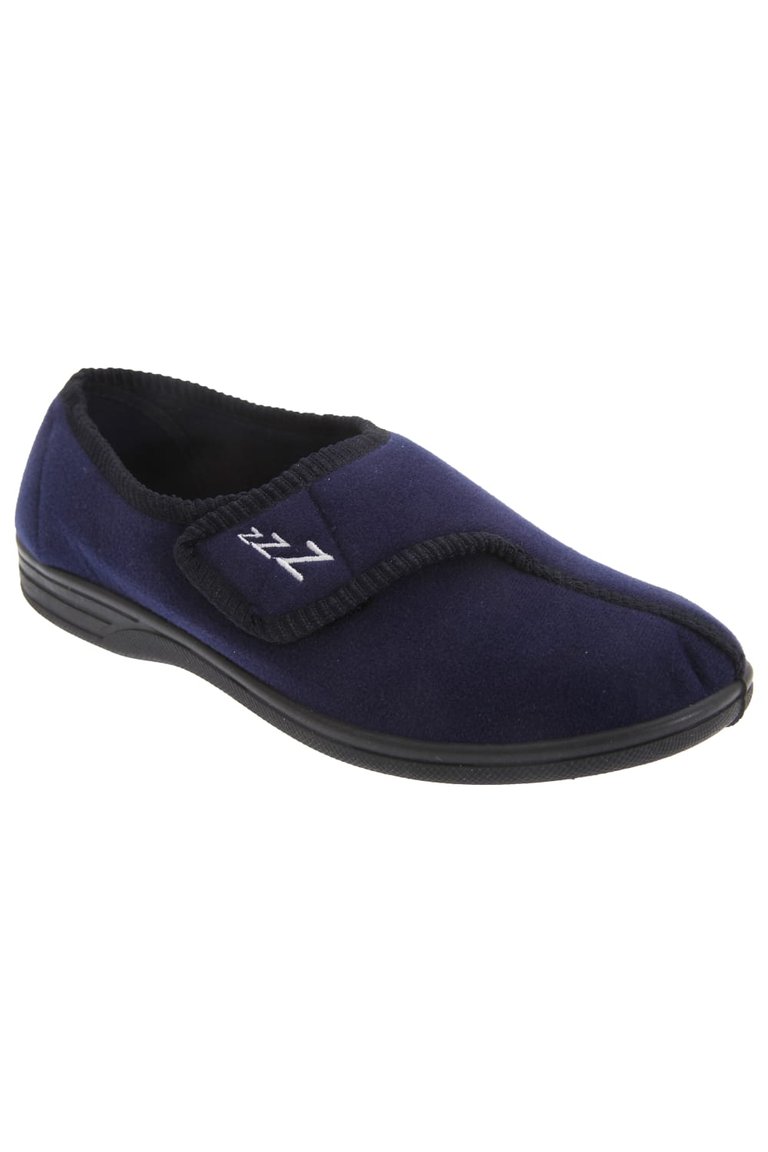 Mens Connor Touch Fastening Velour Slippers - Navy Blue - Navy Blue
