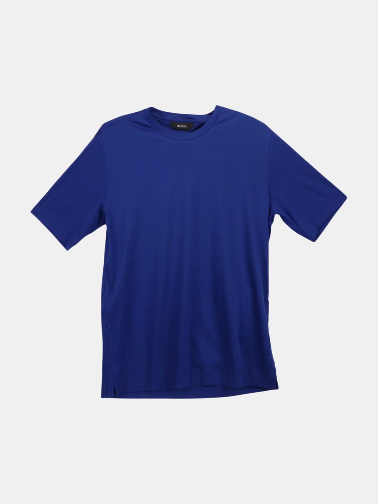 Zegna Men's Medium Blue Solid Satin Jersey Crew-Neck T-Shirt Graphic - Medium Blue Solid