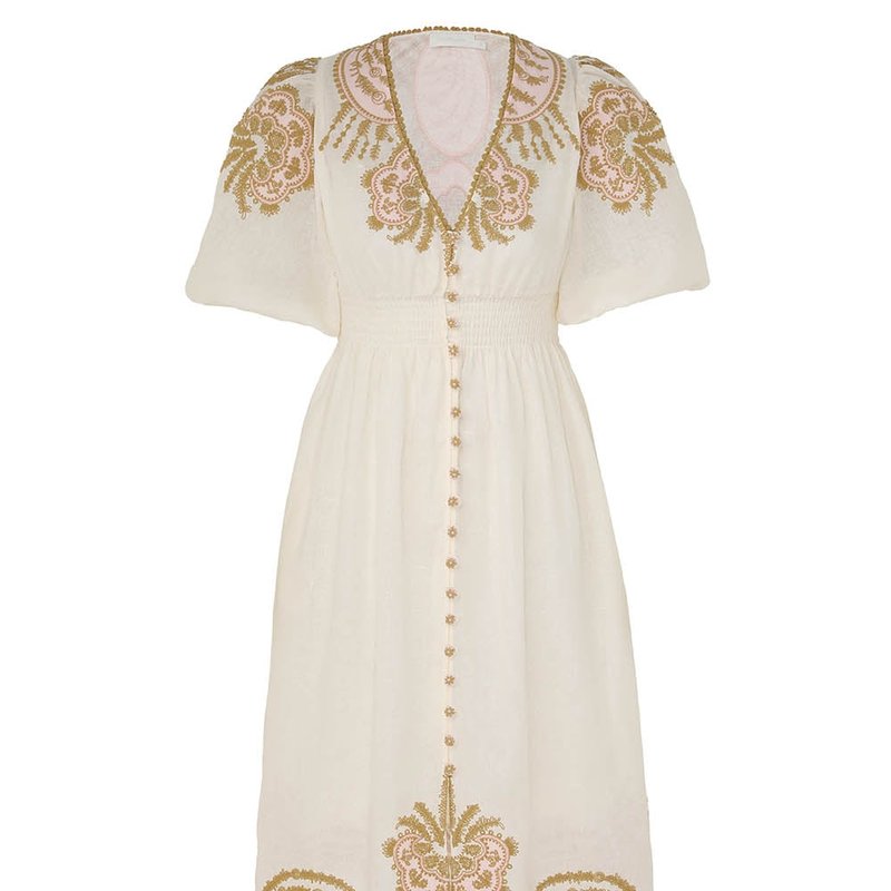 Shop Zimmermann Waverly Embroidered Midi Dress In Yellow